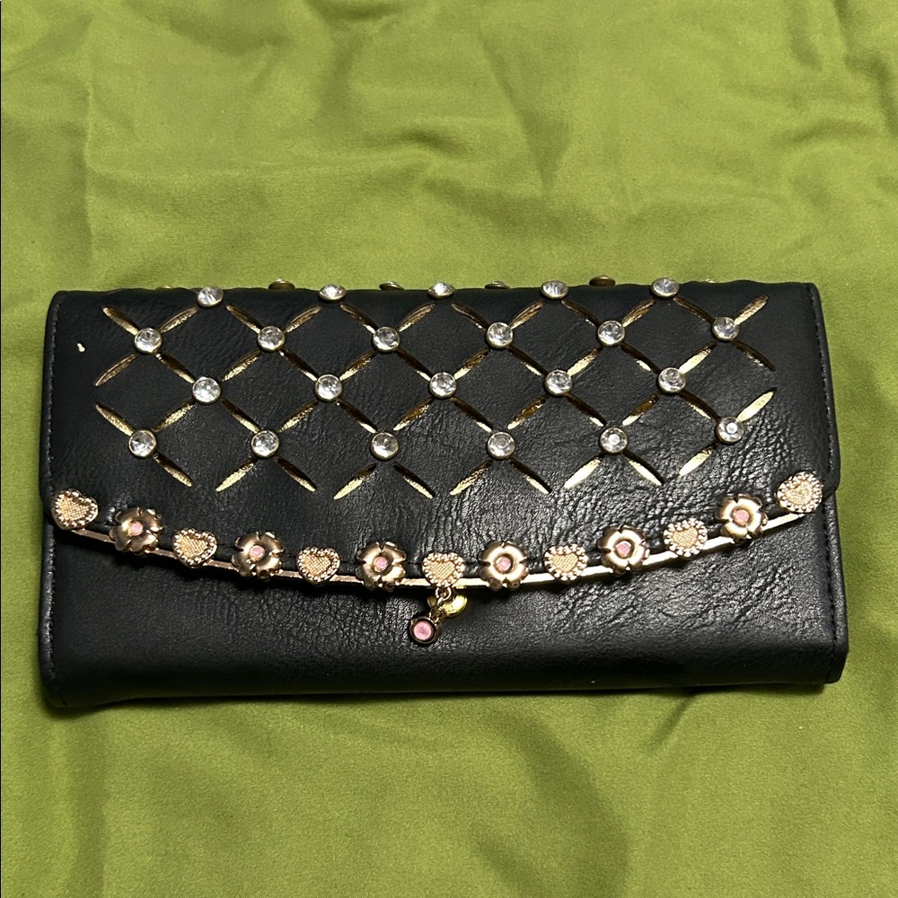 Elegant Black Clutch bag with cutouts and rhinestone details Gold Accents